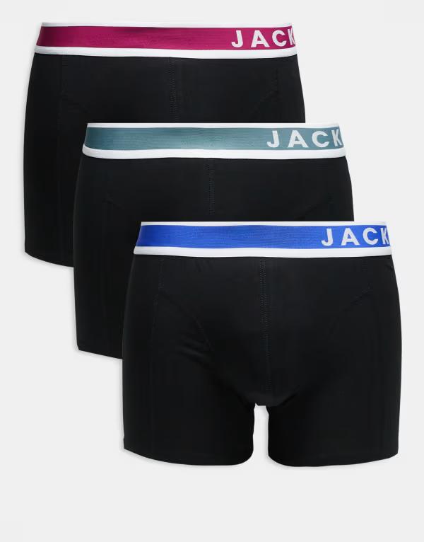 ジャック アンド ジョーンズ メンズ アンダーウェア トランクス コントラスト ロゴ Jack & Jones 3-pack trunks with contrast logo in multi Black ブラック|ReVida 店