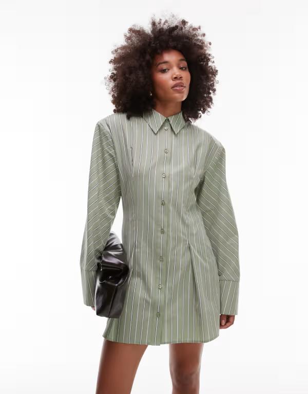 エイソス レディース トップス ワンピース ミニワンピース ミニ シャツ ASOS DESIGN cinched shoulder pads shirt mini dress in sage and white stripes Sage セージ