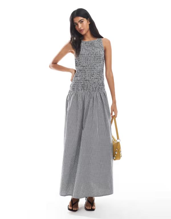 オンリー レディース トップス 衣装 マキシ衣装 ギンガム照合のしるし マキシ ギンガム ONLY dropped waist shirred maxi dress gingham Black 黒いこと