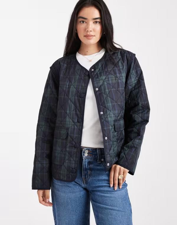 目的語 レディース アウター 上衣・上衣 キルティング 上衣 Object quilted plaid jacket インチ dark green and Sky captain 米国海軍