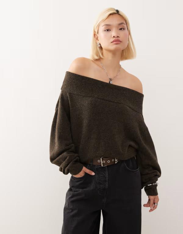 ウィークデイ レディース アウター パーカー・スウェット セーター Weekday slouchy off the shoulder sweater in heathered brown - exclusive to ASOS Brown melange ブラウン
