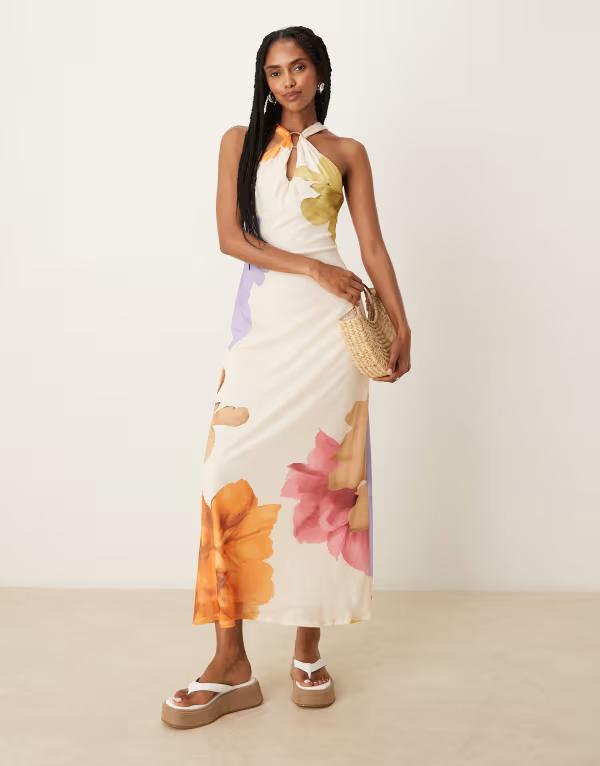 エイソス レディース トップス ワンピース ミディワンピース フラワー柄 プリント メッシュ ミディ フラワー ホルター ASOS DESIGN mesh halter hardware detail keyhole midi dress in floral print Multi マルチカラー