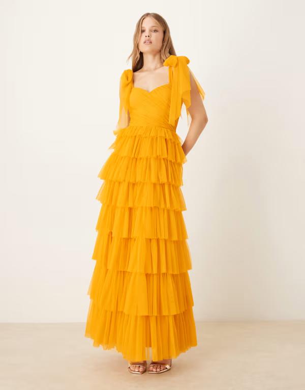 レース アンド ビーズ レディース トップス ワンピース チュール マキシワンピース マキシ Lace & Beads bow shoulders tulle maxi dress in butterscotch Butterscotch