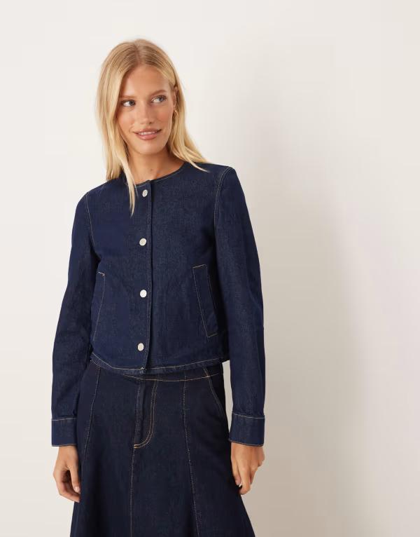 マンゴ レディース アウター ジャケット・ブルゾン デニム ジャケット Mango collarless denim jacket in indigo INDIGO インディゴ