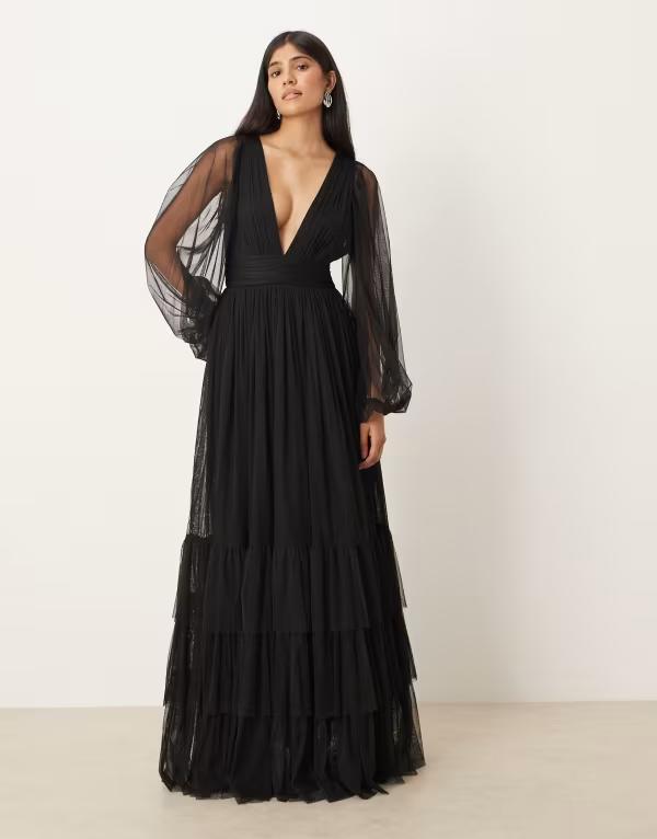 レース アンド ビーズ レディース トップス ワンピース マキシワンピース マキシ Lace & Beads Bridesmaid Madison long sleeve maxi dress Black ブラック