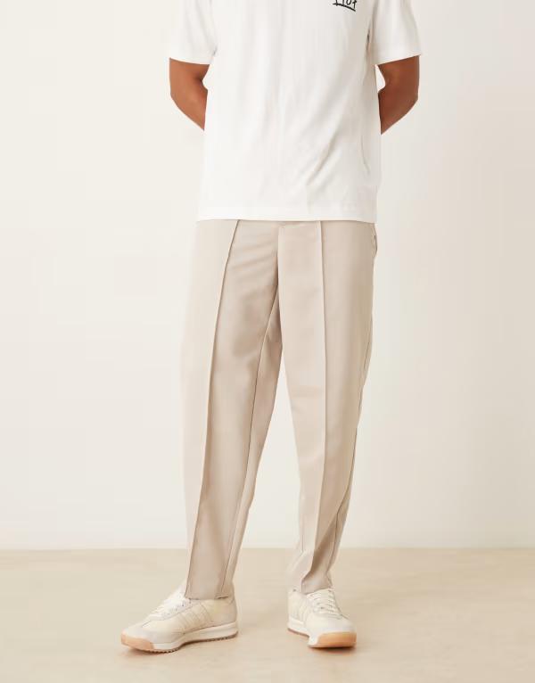 エイソス メンズ ボトムス 心地好いズボン下 引っ切りない ズボン下 ASOS DESIGN straight leg pants with elastic waist band and pintucks インチ stone STONE 石ころ ズボン・パンツ-メンズファッション