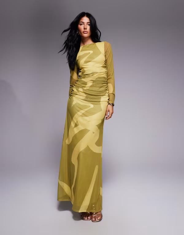 エイソス レディース トップス ワンピース マキシワンピース プリント ギャザー メッシュ マキシ ASOS DESIGN mesh long sleeve ruched maxi dress in abstract print Abstract print