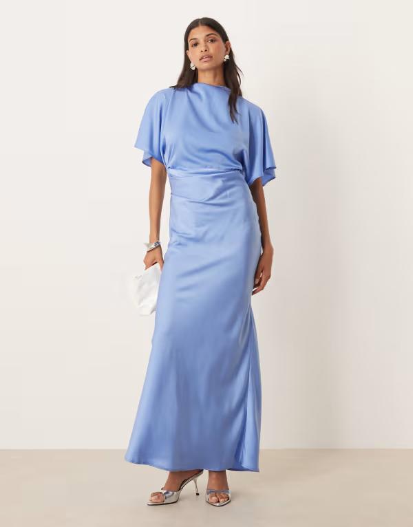 エイソス レディース トップス 衣装 ハイネック マキシ衣装 繻子 マキシ ASOS DESIGN satin high neck blouson maxi dress with flutter sleeve BLUE 青み