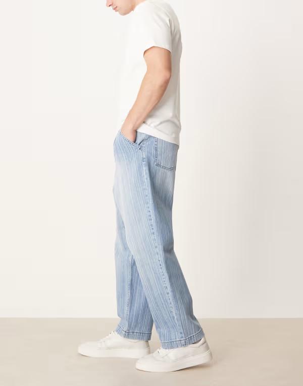 エイソス メンズ ボトムス デニムパンツ プリント ジーンズ ASOS DESIGN relaxed tapered jeans in light wash blue with stripe print LIGHT WASH BLUE ブルー