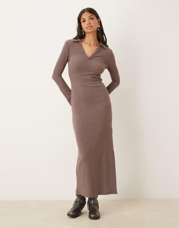 エイソス レディース トップス ワンピース シャツワンピース ミディ シャツ ASOS DESIGN textured midi shirt dress BROWN ブラウン