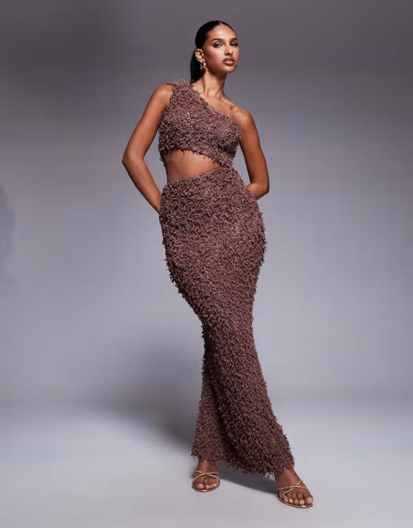 エイソス レディース トップス ワンピース カットアウト マキシワンピース ワンショルダー マキシ ASOS DESIGN one-shoulder knotted and trim detail with cut-out fluffy maxi dress Chocolate チョコレート 21,226円