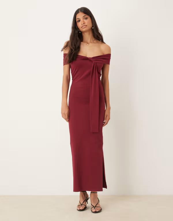 エイソス レディース トップス 衣装 midi衣装 midi ASOS DESIGN off the shoulder twist detail MIDI dress Burgundy バーガンディ