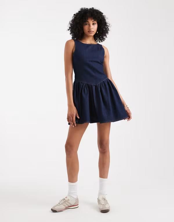 ミスセルフフリッジ レディース トップス ワンピース ミニワンピース ミニ デニム Miss Selfridge drop waist denim mini dress wash Blue wash ブルー