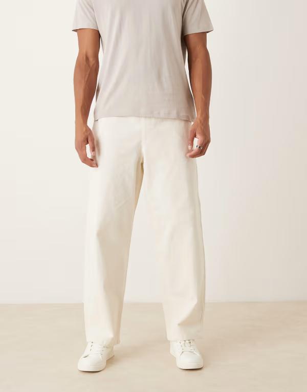 エイソス メンズ ボトムス カジュアルパンツ ストレート パンツ ASOS DESIGN loose straight leg pants in ecru with drawstring ECRU エクリュ