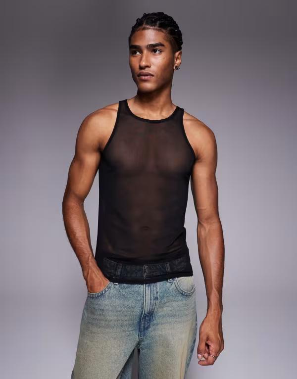 エイソス メンズ トップス ティーシャツ メッシュ ASOS DESIGN muscle fit tank top with high scoop neck mesh Black 黒いこと Tシャツ・カットソー-トップス-メンズファッション