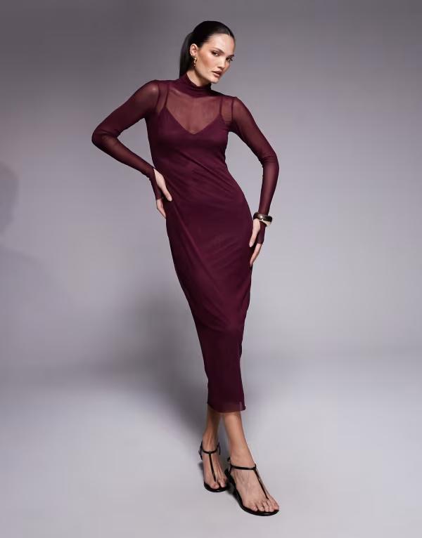 エーエフアールエム レディース トップス ワンピース ハイネック ミディワンピース メッシュ ミディ AFRM Shailene high neck mesh midi dress in fig Fig|ReVida 店