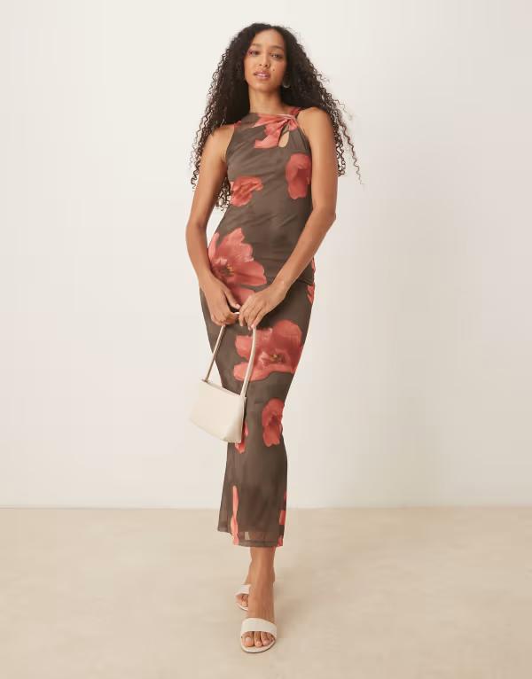 エイソス レディース トップス 衣装 カットアウト マキシ衣装 刷り上げる マキシ ASOS DESIGN twist cut out shoulder detail maxi dress インチ dark flower print Dark flower