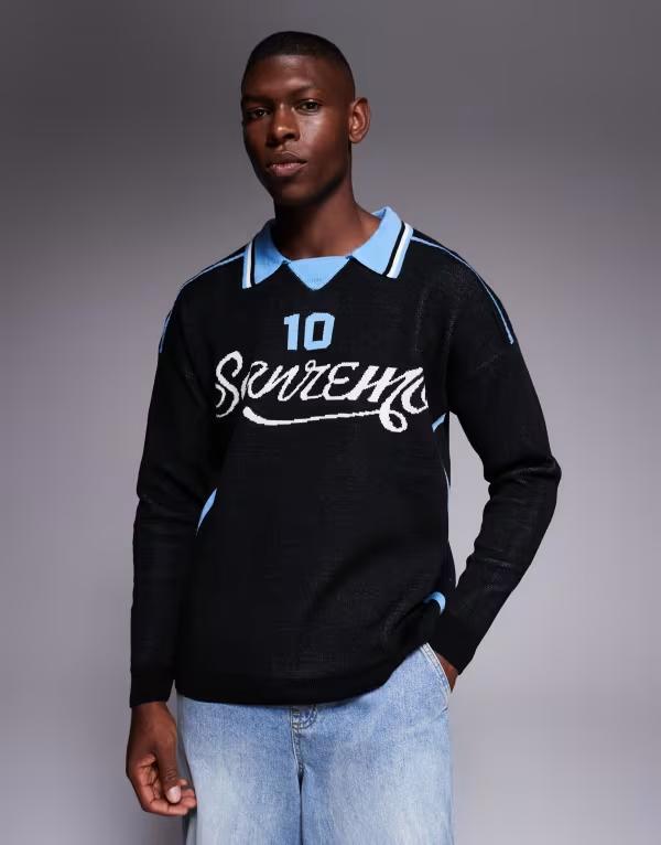 エイソス メンズ トップス ポロシャツ ニット グラフィック ASOS DESIGN relaxed knit long sleeve polo with sport graphic Black ブラック