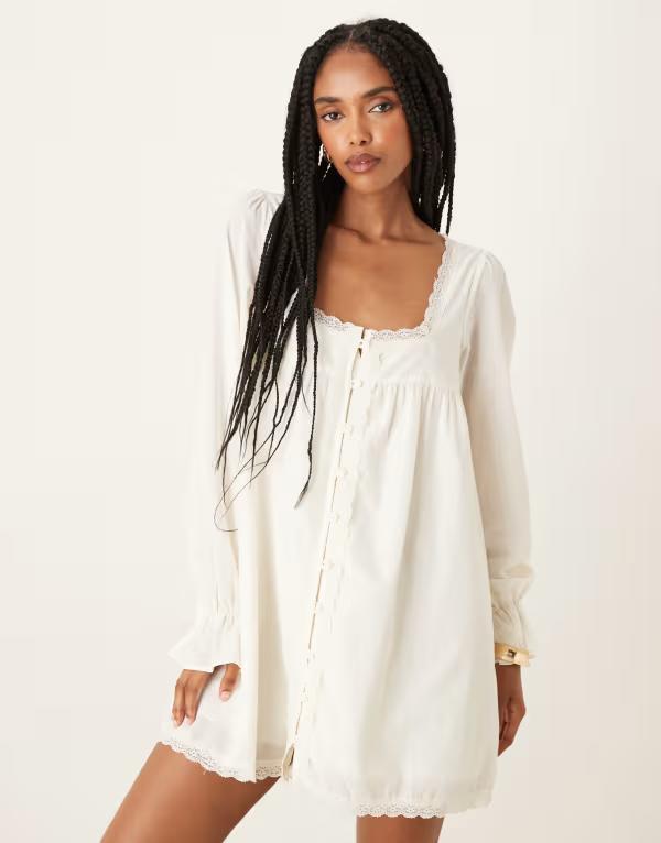エイソス レディース トップス ワンピース レーストリム ミニワンピース ミニ コットン レース ASOS DESIGN cotton lace trim long sleeve babydoll mini dress in ecru Ecru エクリュ