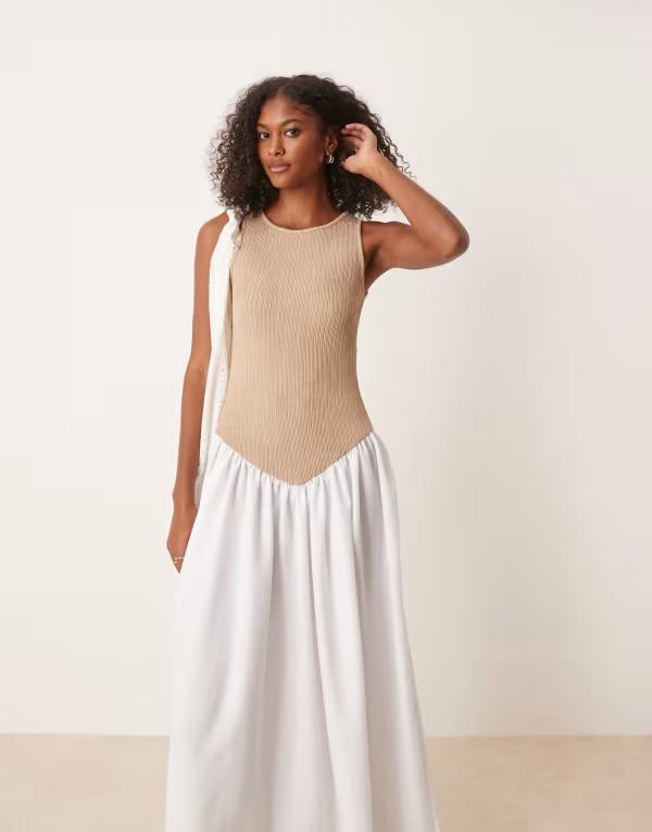 エイソス レディース トップス ワンピース マキシワンピース リブ スカート マキシ ASOS DESIGN racer ribbed bodice with hybrid skirt neutral maxi dress NEUTRAL