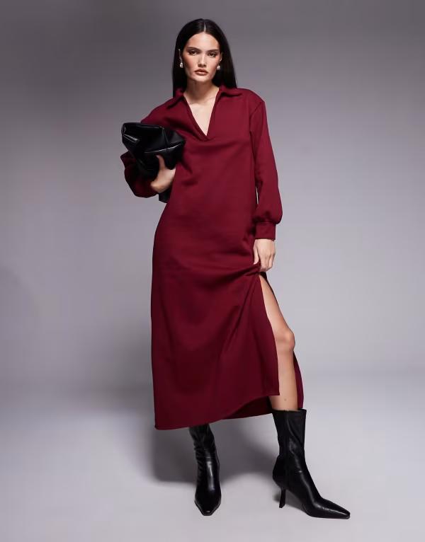 エイソス レディース トップス ワンピース Vネック バルーンスリーブ ミディワンピース ミディ ASOS DESIGN balloon sleeve collared V-neck midi dress in wine Burgundy バーガンディ