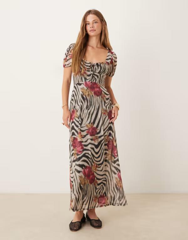エイソス レディース トップス ワンピース フラワー柄 プリント フラワー ASOS DESIGN puff sleeve mid tea dress in animal floral print Animal floral アニマル