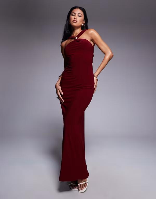 エイソス レディース トップス ワンピース マキシワンピース マキシ ホルター ASOS DESIGN trimmed halterneck maxi dress with twisted back detail Burgundy バーガンディ