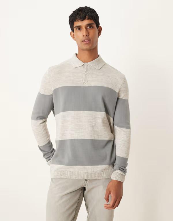エイソス メンズ トップス ポロシャツ Tシャツ ニット ASOS DESIGN relaxed knit long sleeve striped polo t-shirt in multi Multi マルチカラー