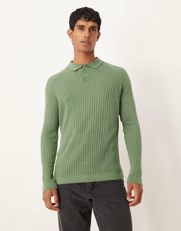 エイソス メンズ トップス ポロシャツ Tシャツ ニット ASOS DESIGN muscle fit knit long sleeve polo T-shirt Khaki カーキ