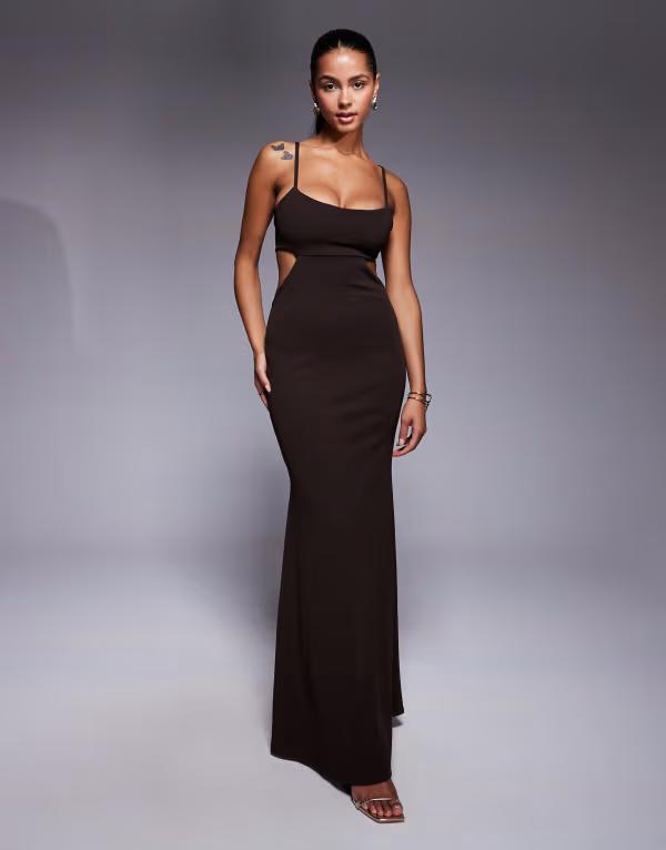 エイソス レディース トップス ワンピース クレープ マキシワンピース スキューバ マキシ ASOS DESIGN scuba crepe maxi dress with fishtail hem and cut-outs in chocolate Chocolate チョコレート