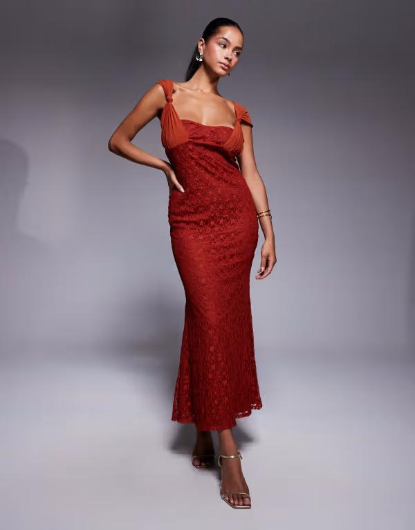 エイソス レディース トップス ワンピース マキシワンピース メッシュ オーバーレイ レース マキシ ASOS DESIGN cami lace maxi dress with overlayed mesh strap detail in rustラスト