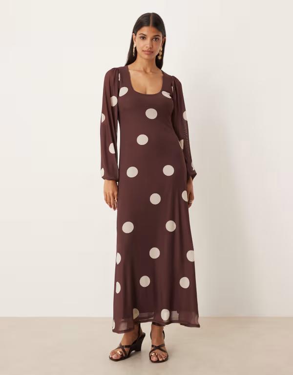 エイソス レディース トップス ワンピース ドット柄 バルーンスリーブ マキシワンピース ドット マキシ ASOS DESIGN balloon sleeve maxi dress polka dot BROWN POLKA ブラウン 8,985円