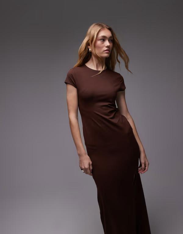 エイソス レディース トップス ワンピース ギャザー ミディ キャップ ASOS DESIGN cap sleeve ruched side midi with front split in chocolate Chocolate チョコレート