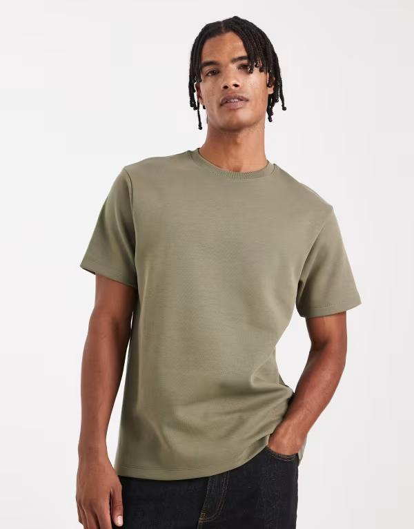 エイソス メンズ トップス Tシャツ クルーネック シャツ ASOS DESIGN premium interlock crew neck T-shirt Dusty olive オリーブ