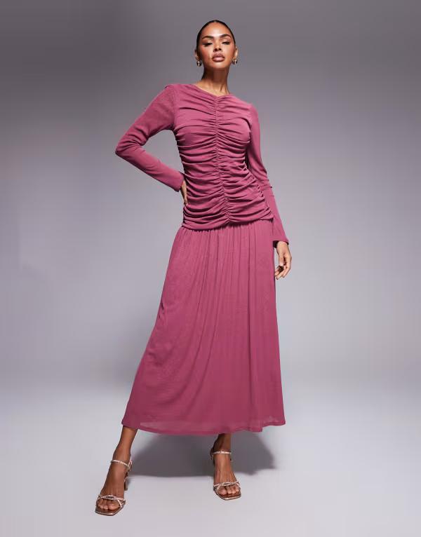 エイソス レディース トップス ワンピース マキシワンピース ギャザー リブ マキシ ASOS DESIGN textured ribbed long sleeve ruched front maxi dress Mulberry バーガンディ