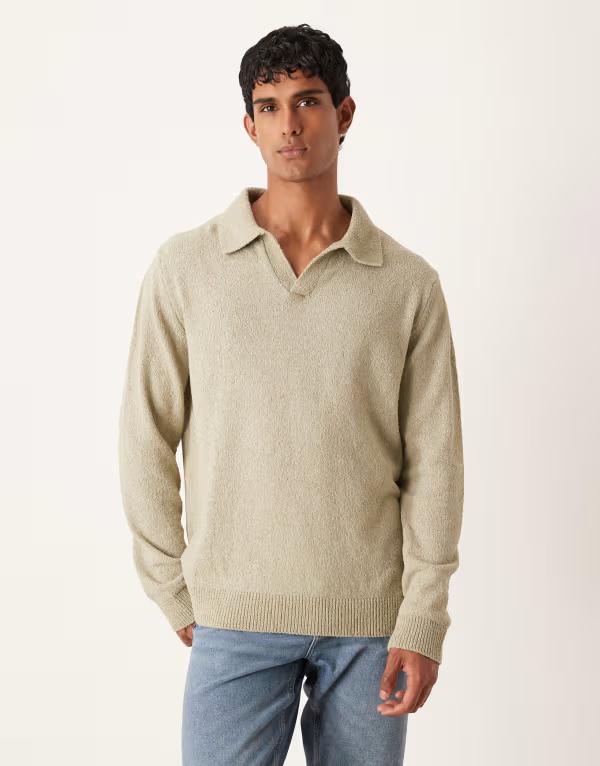 エイソス メンズ トップス ポロシャツ ニット ASOS DESIGN relaxed textured long sleeve knit notch neck polo shirt in sage SAGE GREEN グリーン 7,906円
