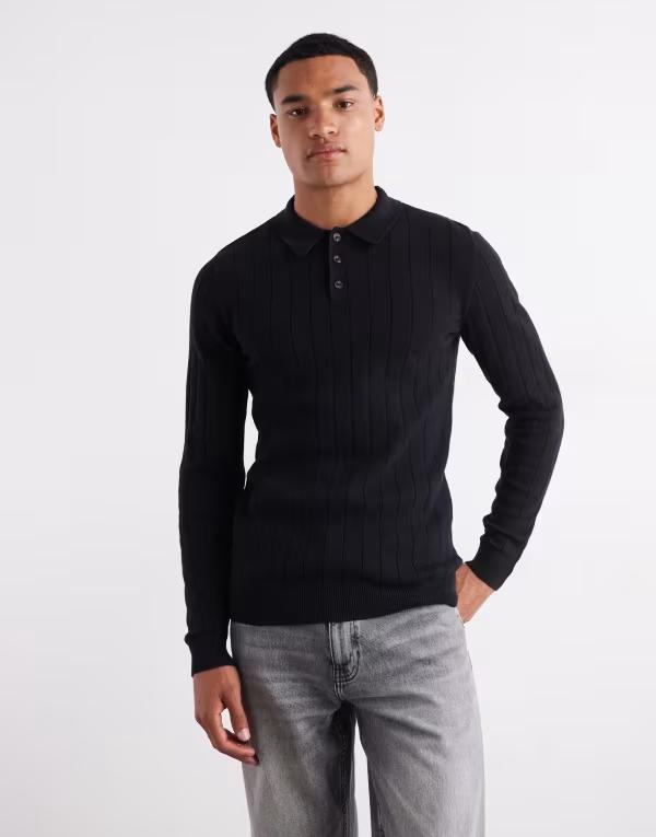 エイソス メンズ トップス スポーツシャツ リブニット プルオーバー 編み物 ASOS DESIGN muscle fit long sleeve rib knit polo shirt Black 黒いこと