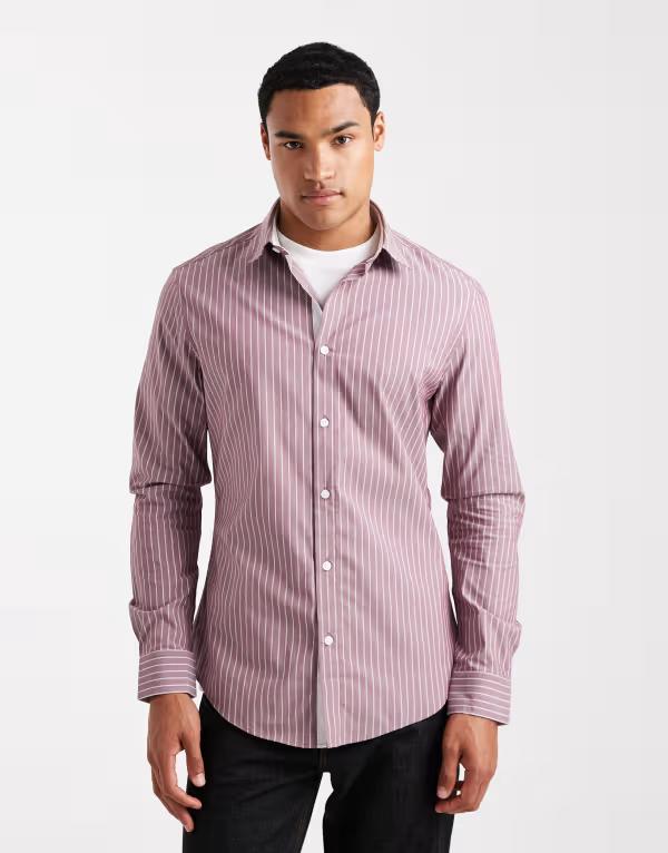 エイソス メンズ トップス シャツ コントラスト  DESIGN slim stripe shirt with contrast cuff Burgundy バーガンディ