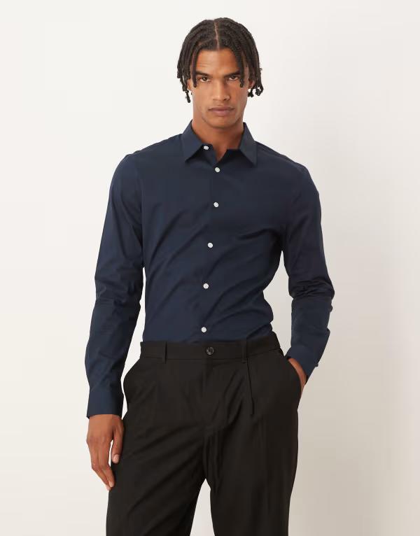 エイソス メンズ トップス プルオーバー ASOS DESIGN skinny poplin shirt NAVY 米国海軍