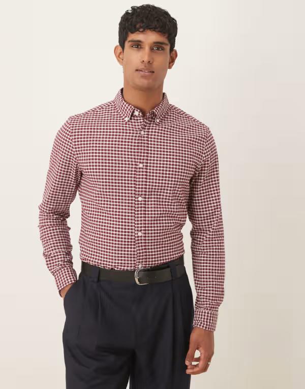 エイソス メンズ トップス シャツ スリムフィット ASOS DESIGN slim fit plaid shirt Burgundy バーガンディ