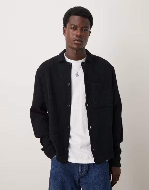 エイソス メンズ トップス プルオーバー ASOS DESIGN boxy textured overshirt Black 黒いこと