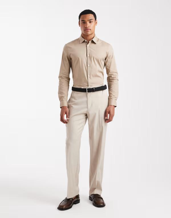 エイソス メンズ トップス プルオーバー ASOS DESIGN skinny poplin shirt BEIGE ベージュ