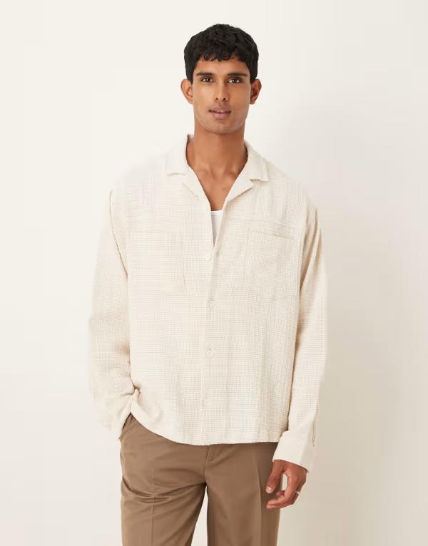 エイソス メンズ トップス プルオーバー ASOS DESIGN oversized camp collar textured shirt インチ stone micro plaid STONE 石ころ