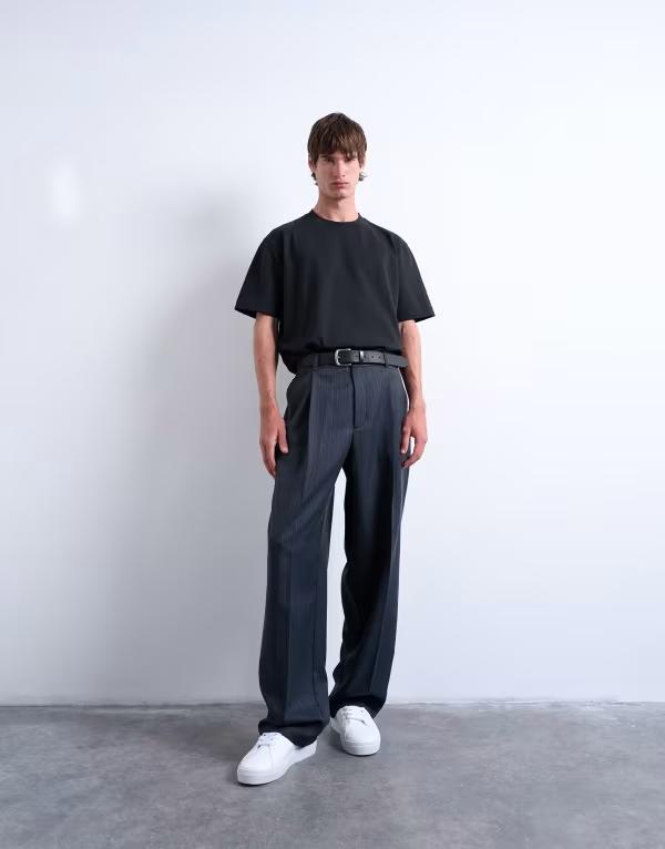 トップマン メンズ ボトムス カジュアルパンツ ワイドレッグ プリーツ パンツ Topman wide leg pleated striped pants Gray グレー