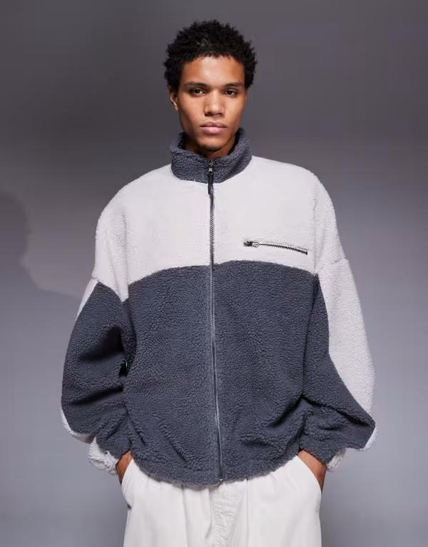 エイソス メンズ アウター パーカー・スウェット スタンドネック スウェット シャツ ASOS DESIGN oversized funnel neck zip up borg sweatshirt Poppy Seed グレー