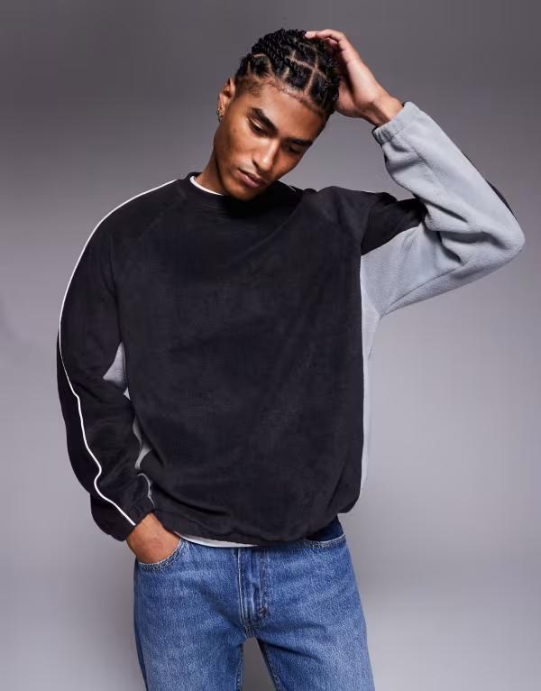 エイソス メンズ アウター パーカー・スウェット スウェット シャツ フリース ASOS DESIGN oversized fleece sweatshirt with piping and color block Gray グレー｜ReVida 店