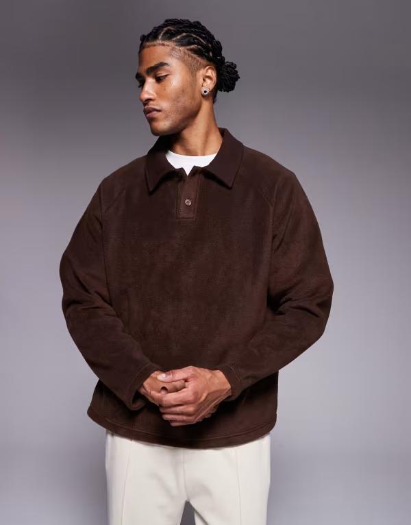 エイソス メンズ アウター パーカー・スウェット リブ スウェット シャツ フリース ASOS DESIGN oversized fleece sweatshirt with ribbed collar Bracken ブラウン