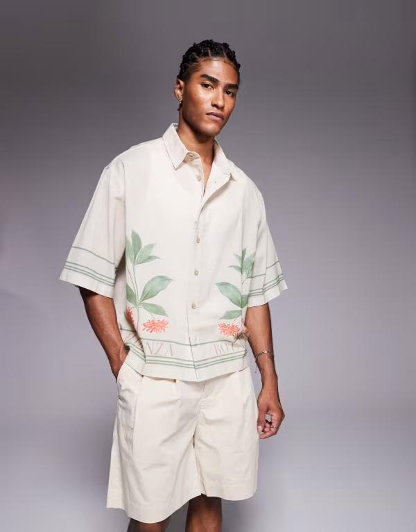 エイソス メンズ トップス プルオーバー 刷り上げる スピード競技 ASOS DESIGN oversized shirt with placement print インチ cream CREAM 皮膚軟化剤 カジュアルシャツ-トップス-メンズファッション