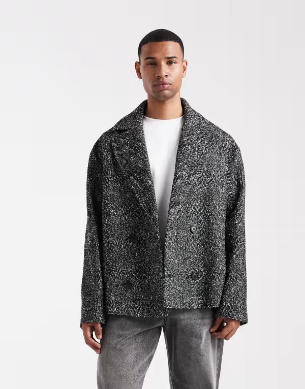 エイソス メンズ アウター コート ウール ASOS DESIGN wool look peacoat herringbone Black Herringbone ブラック