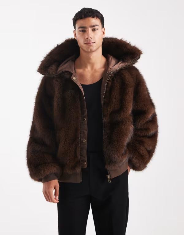 エイソス メンズ アウター ジャケット・ブルゾン フーデッドジャケット ジャケット ASOS DESIGN oversized faux fur hooded jacket BROWN ブラウン 27,820円